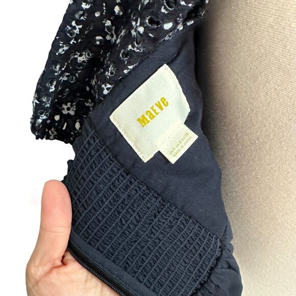 Anthro Maeve Size 4 Navy White Floral Eyelet Lace Puff Sleeve A-Line Mini Dress - Picture 6 of 10